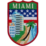 The word Miami is below a collection of symbols from Miami, such as a palm tree and a beach.