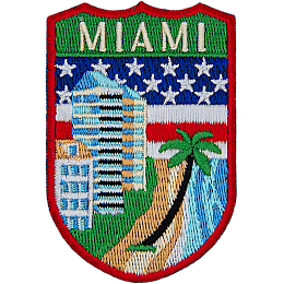 The word Miami is below a collection of symbols from Miami, such as a palm tree and a beach.