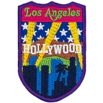 The word Los Angeles is underneath a myriad of Los Angeles-themed symbols.