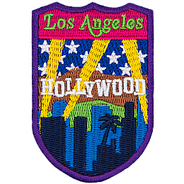 The word Los Angeles is underneath a myriad of Los Angeles-themed symbols.