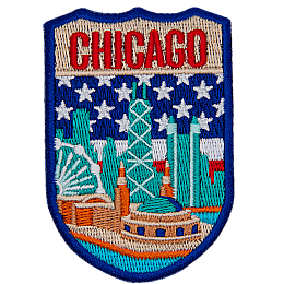 The skyline of Chicago is in front of the flag of America. The name Chicago is at the top.