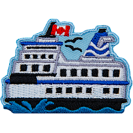 This crest displays the side profile of a multi-level ferry as it powers through the water. The ferry flies a Canadian Flag.