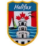 Halifax is stitched above the lighthouse of Peggy's Cove. The sky is replaced by the Canadian flag.