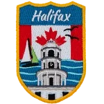 Halifax is stitched above the lighthouse of Peggy's Cove. The sky is replaced by the Canadian flag.
