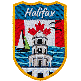 Halifax is stitched above the lighthouse of Peggy's Cove. The sky is replaced by the Canadian flag.