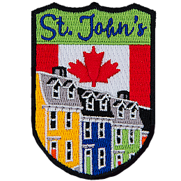 This shield-shaped crest has the text St. John's at the top. The iconic Jellybean Row of the city is displayed with the Canada flag in the background.