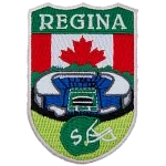 Regina is stitched above a football stadium and green helmet. The Canadian flag replaces the sky.