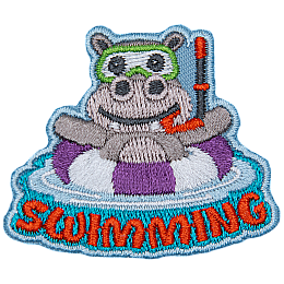 A hippo in a purple and white striped life preserver above the word Swimming.