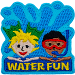 Two kids in swim-gear rest their arms on the words Water Fun as a giant wave rises up behind them.