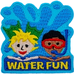 Two kids in swim-gear rest their arms on the words Water Fun as a giant wave rises up behind them.