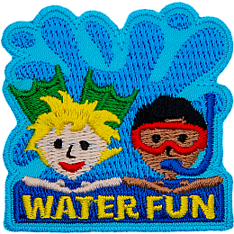 Two kids in swim-gear rest their arms on the words Water Fun as a giant wave rises up behind them.