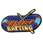 A blue raft with the word Rafting printed on it.