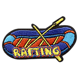 A blue raft with the word Rafting printed on it.