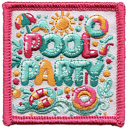 The words Pool Party surrounded by pool floaties and an umbrella.