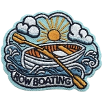 A white boat under a yellow sun and above the words Row Boating.