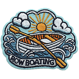 A white boat under a yellow sun and above the words Row Boating.