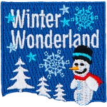 A snowperson in a winter wonderland with snow-covered trees. 