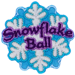 A snowflake with the words Snowflake Ball in purple thread across the middle.