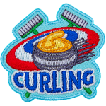 A curling stone sits in front of two crossed brushes with the tri-ringed 'home' in the background. The word Curling is below.