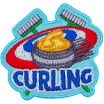 A curling stone sits in front of two crossed brushes with the tri-ringed 'home' in the background. The word Curling is below.