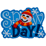 The words Snow Day! make up this patch. A snowperson in a red and yellow scarf wearing a toque replaces the O.