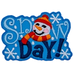 The words Snow Day! make up this patch. A snowperson in a red and yellow scarf wearing a toque replaces the O.