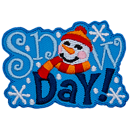 The words Snow Day! make up this patch. A snowperson in a red and yellow scarf wearing a toque replaces the O.