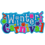 The words Winter Carnival make up this patch. Bright confetti is around the words. Carnival is stitched in multicolour thread.