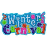 The words Winter Carnival make up this patch. Bright confetti is around the words. Carnival is stitched in multicolour thread.