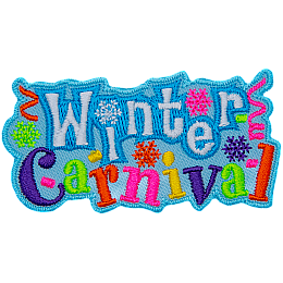 The words Winter Carnival make up this patch. Bright confetti is around the words. Carnival is stitched in multicolour thread.