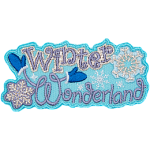 The words Winter Wonderland are stitched in silver thread. The W is wearing mittens, and two snowflakes frame the sides of the patch.