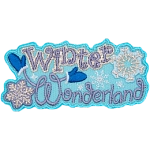 The words Winter Wonderland are stitched in silver thread. The W is wearing mittens, and two snowflakes frame the sides of the patch.
