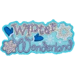 The words Winter Wonderland are stitched in silver thread. The W is wearing mittens, and two snowflakes frame the sides of the patch.