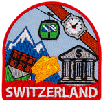The word Switzerland is below a myriad of Swiss-themed symbols.