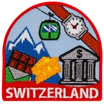 The word Switzerland is below a myriad of Swiss-themed symbols.