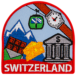 The word Switzerland is below a myriad of Swiss-themed symbols.