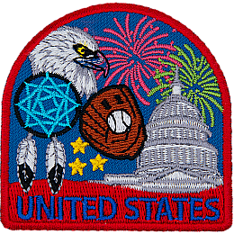The words United States are underneath a myriad of USA-themed images.