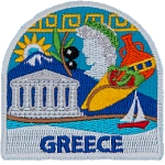 This patch displays a wide variety of Grecian culture including: Mount Olympus, a Grecian bust, the Parthenon, a branch with black olives, and pottery.