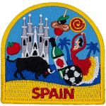 The word Spain is written under a myriad of Spanish-themed symbols.
