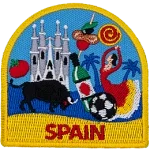 The word Spain is written under a myriad of Spanish-themed symbols.