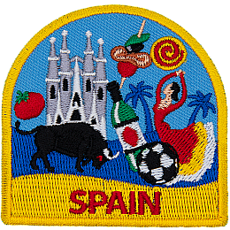 The word Spain is written under a myriad of Spanish-themed symbols.