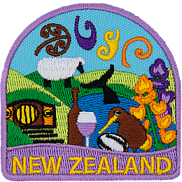 Rolling hills, sheep, flowers, kiwi, wine, and more decorate this New Zealand patch.