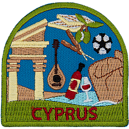 Kebabs, grapes, ancient structures, the ocean, wine, a soccer ball, and a lute are framed by a green border. Cyprus is embroidered below.