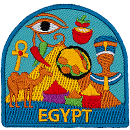 A collection of Egyptian symbols are in front of a pyramid. Such as a camel, pharaoh, bags of spices, and the eye of Ra.