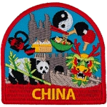 A collection of Chinese symbols in front of the Great Wall of China. Below is the word China.