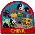 A collection of Chinese symbols in front of the Great Wall of China. Below is the word China.