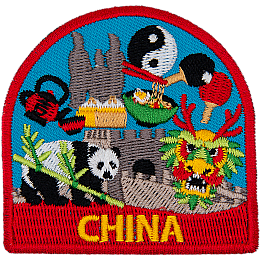 A collection of Chinese symbols in front of the Great Wall of China. Below is the word China.