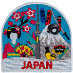 Symbols of Japanese culture are above the word Japan. 