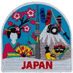 Symbols of Japanese culture are above the word Japan. 