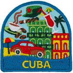 The word Cuba is below a collection of symbols from Cuba, including coffee, a cigar and a beach.